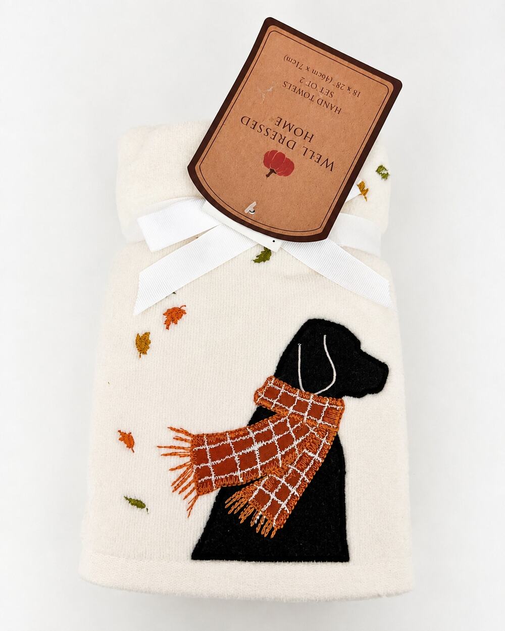 NWT Well Dressed Home Black Lab With Scarf Blowing In Fall Leaves